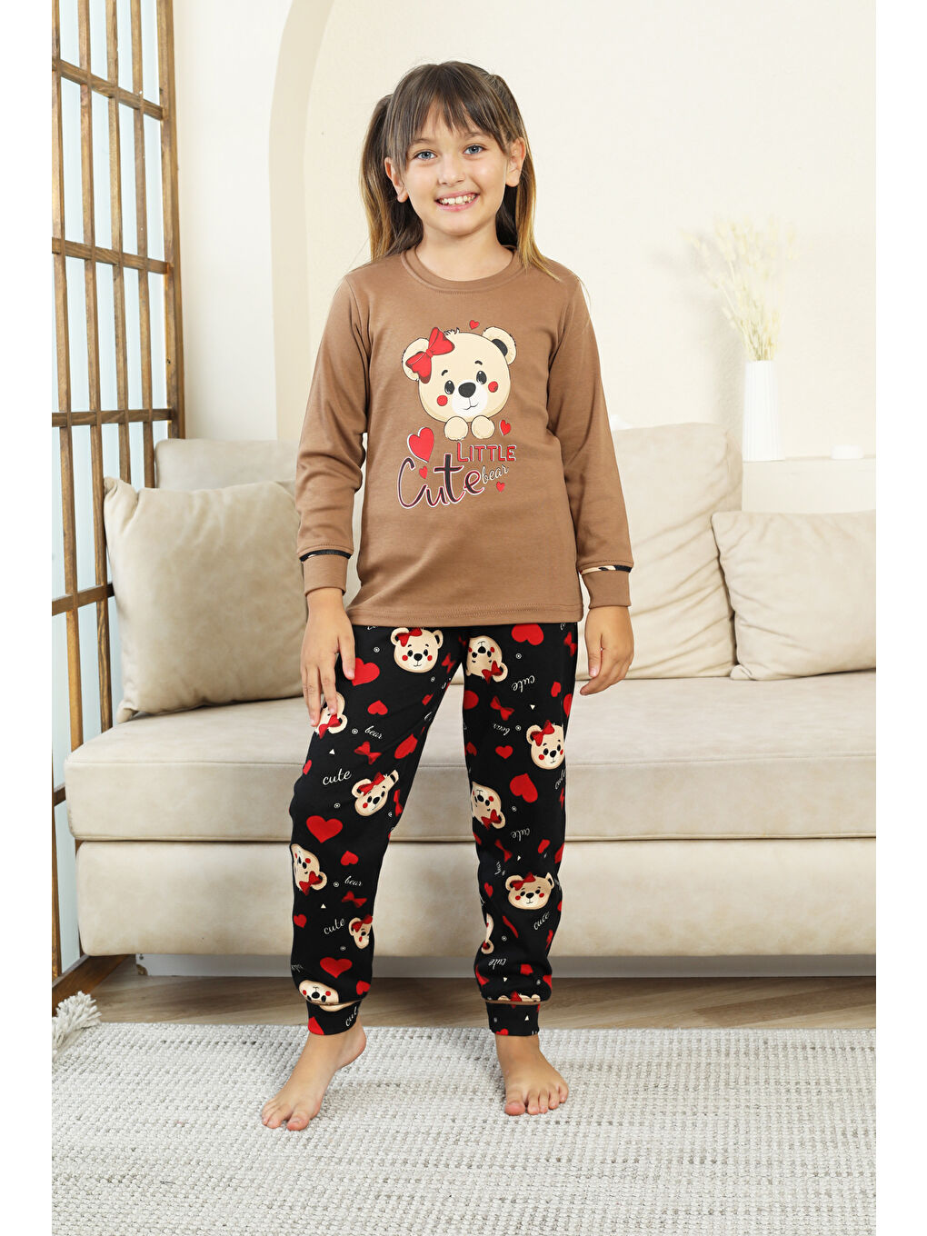 Kahverengi Kız Çocuk Ayıcık Baskılı %100 Pamuk İnterlok Kumaş Pijama Takımı 12347-2