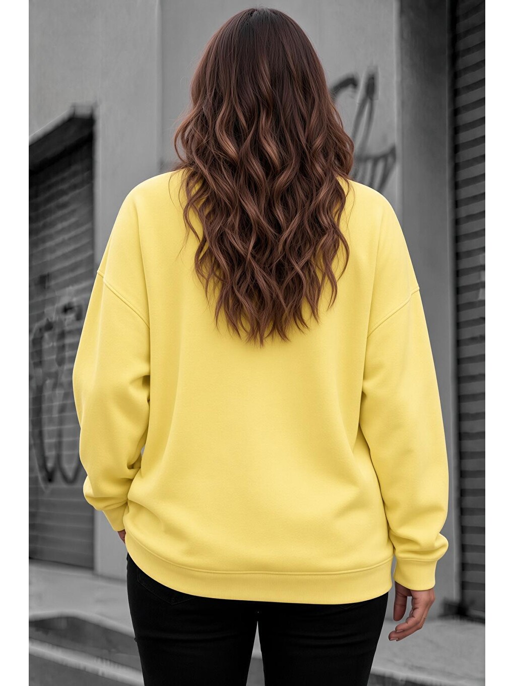 Sarı Uly Kadın Büyük Beden Battal Basic Bisiklet Yaka İki İplik Pamuklu Sweatshirt Rahat Kesim Unisex Sev-1