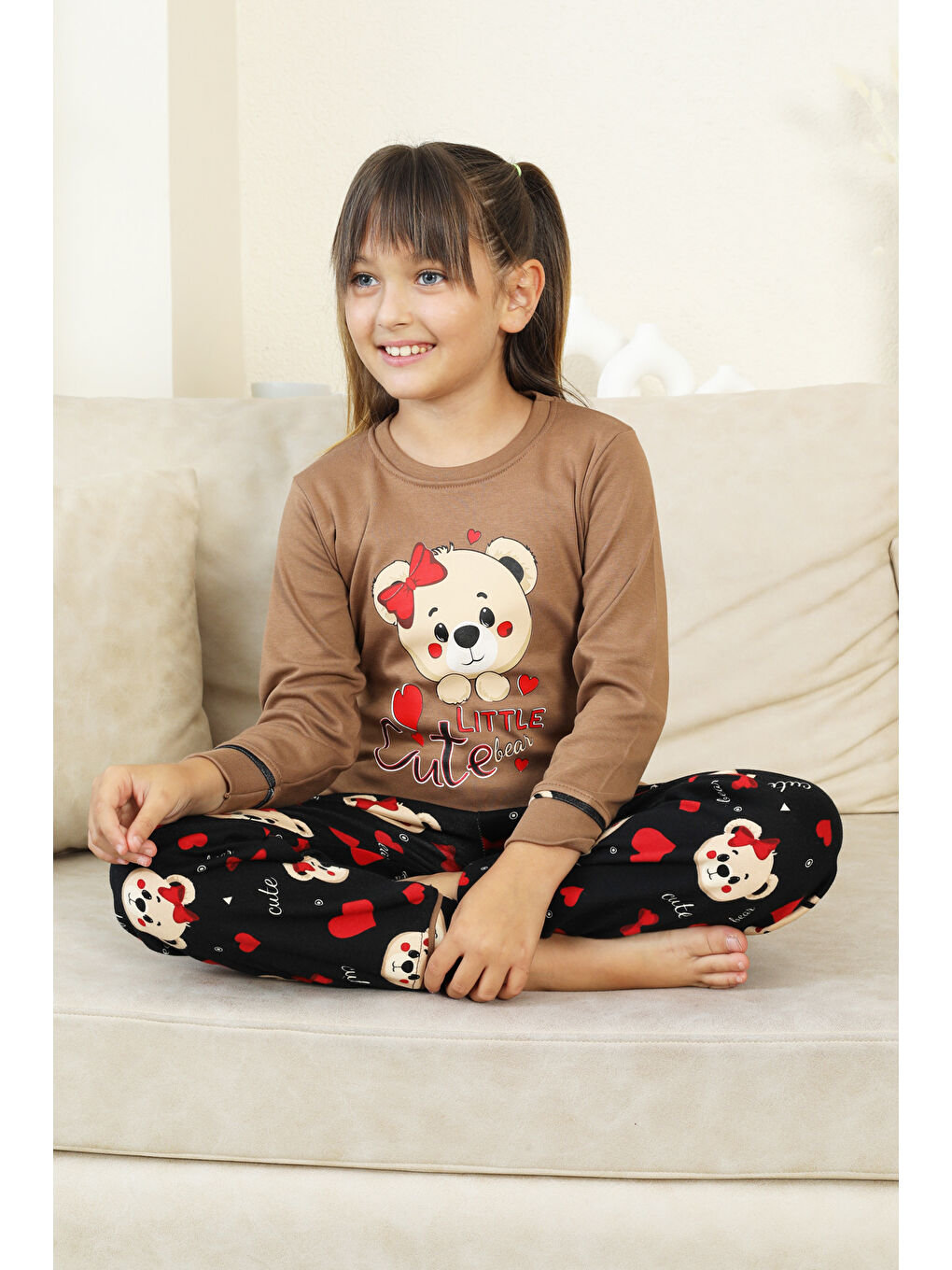 Kahverengi Kız Çocuk Ayıcık Baskılı %100 Pamuk İnterlok Kumaş Pijama Takımı 12347-3