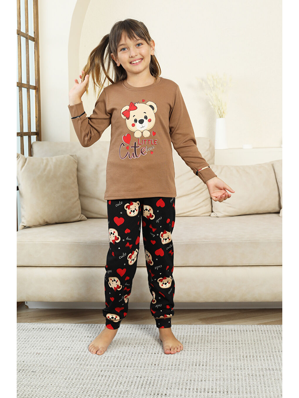 Kahverengi Kız Çocuk Ayıcık Baskılı %100 Pamuk İnterlok Kumaş Pijama Takımı 12347-4