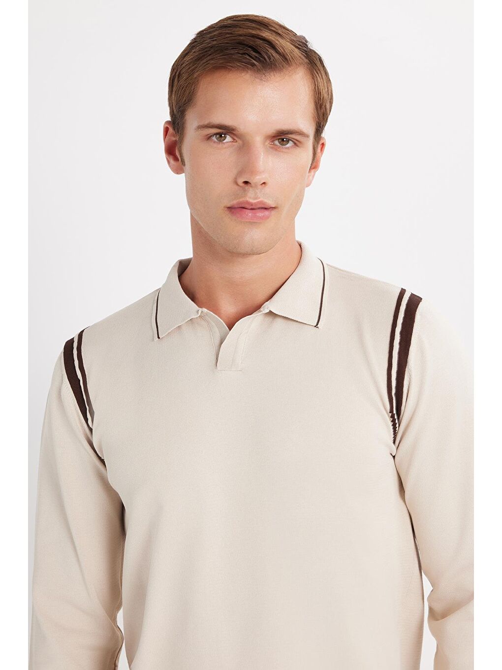 Bej Erkek Slim Fit Dar Kesim Uzun Kol Polo Yaka Çizgili Taş Kazak-1