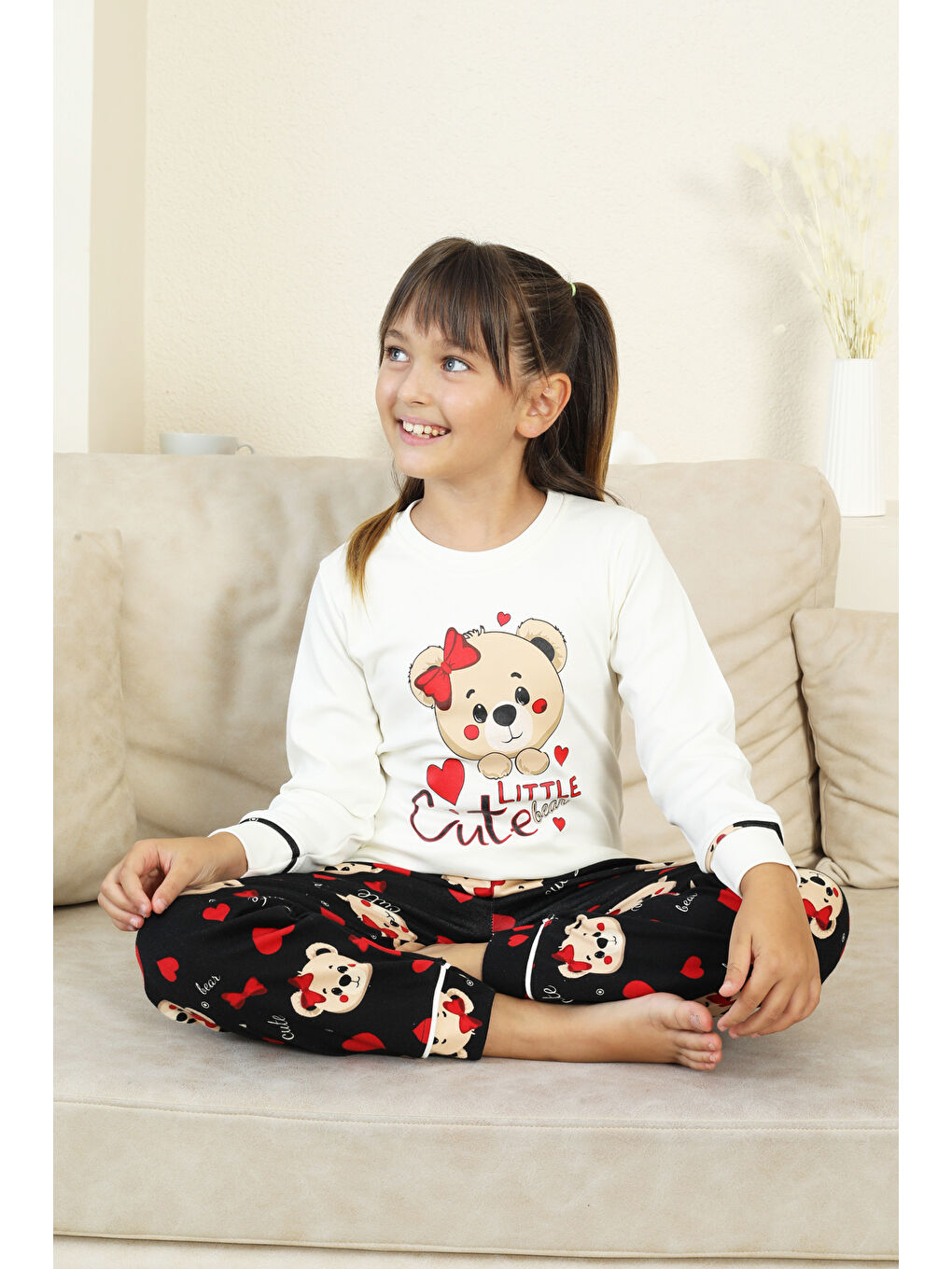 Ekru Kız Çocuk Ayıcık Baskılı %100 Pamuk İnterlok Kumaş Pijama Takımı 12347-1