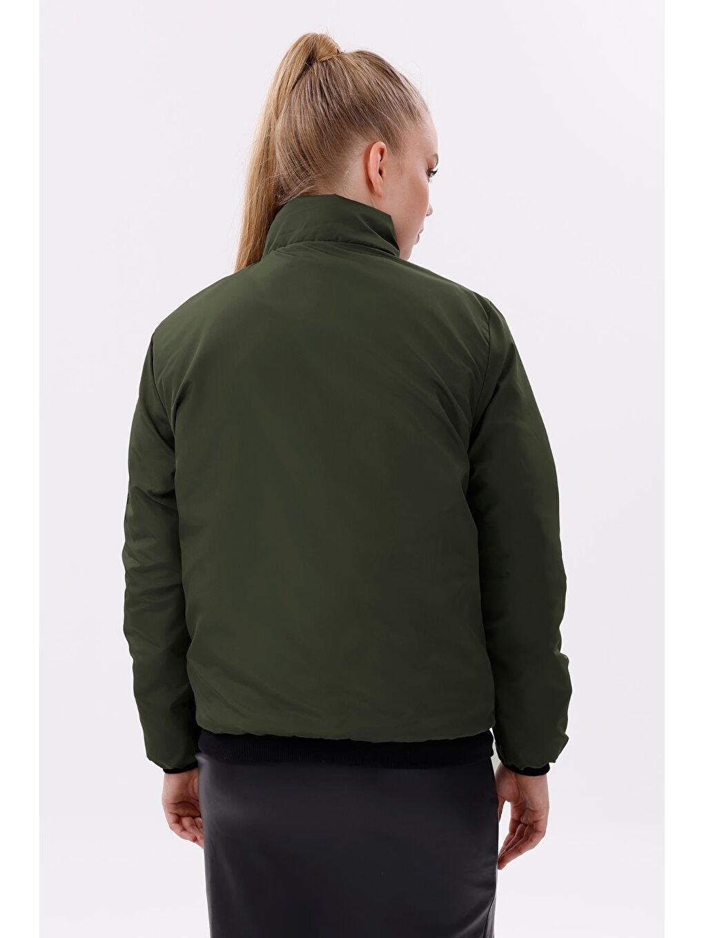 Haki Kadın Astarlı Dik Yaka Mevsimlik Su Ve Rüzgar Geçirmez Mont-5