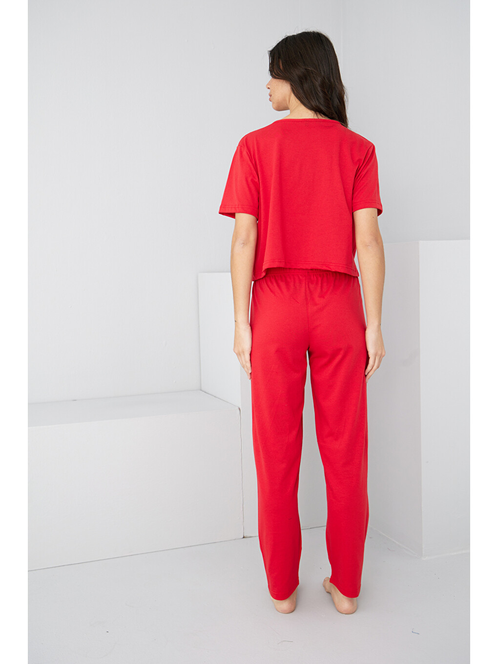 Kırmızı Bağlamalı Örme Pijama Takım7889-2