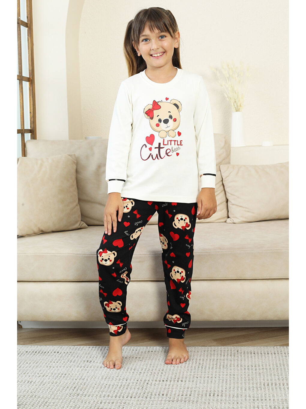 Ekru Kız Çocuk Ayıcık Baskılı %100 Pamuk İnterlok Kumaş Pijama Takımı 12347-2