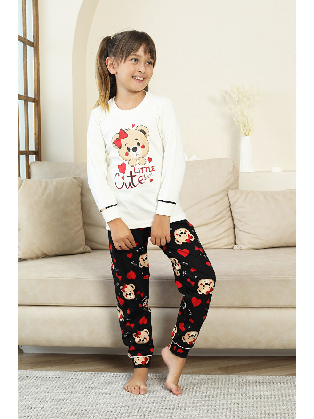 Ekru Kız Çocuk Ayıcık Baskılı %100 Pamuk İnterlok Kumaş Pijama Takımı 12347-3