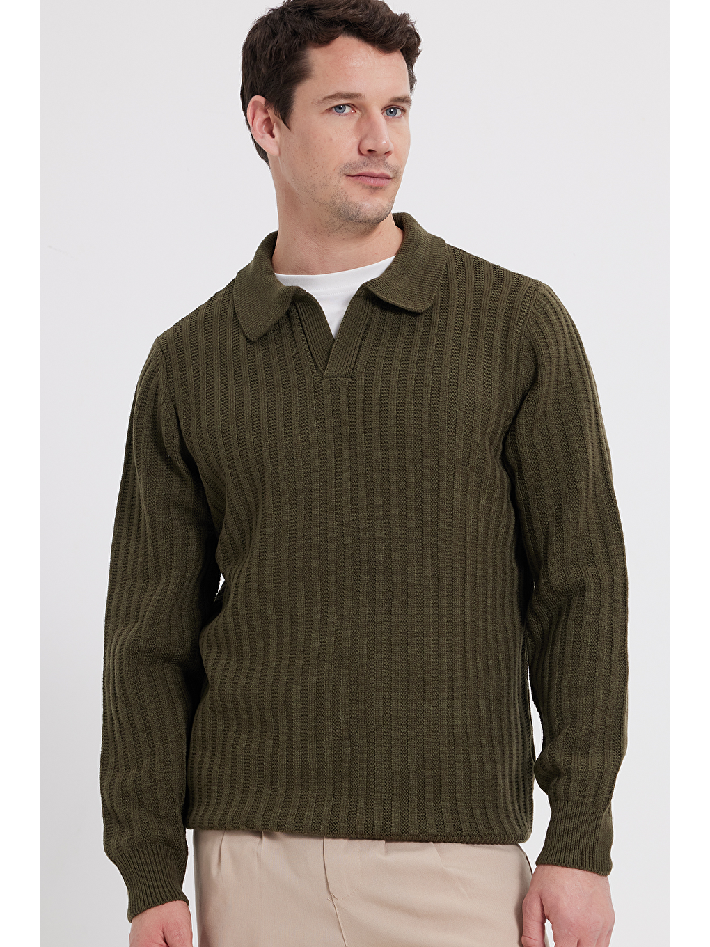 Erkek Standart Fit Normal Kesim Polo Yaka Haki Kazak-4