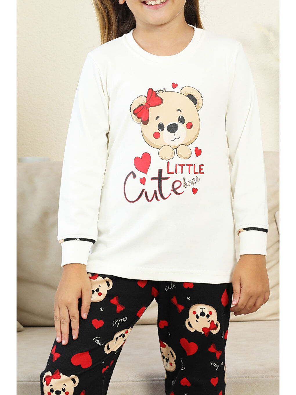 Ekru Kız Çocuk Ayıcık Baskılı %100 Pamuk İnterlok Kumaş Pijama Takımı 12347-4
