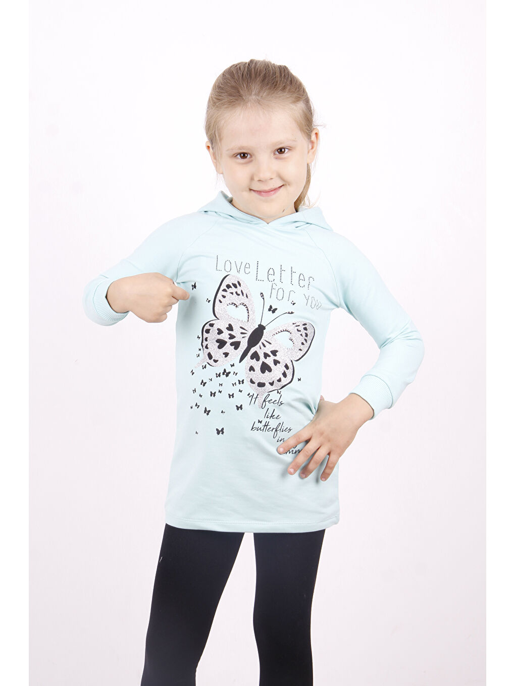 Haki Kız Çocuk Love You Kelebek Baskılı Elbise-2