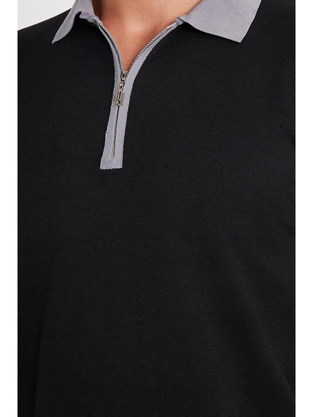 Erkek Standart Fit Uzun Kol Yarım Fermuarlı Polo Yaka Siyah Kazak-2
