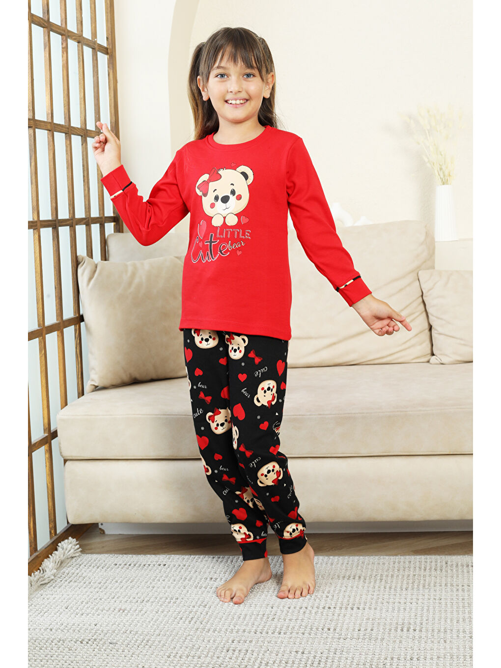 Kırmızı Kız Çocuk Ayıcık Baskılı %100 Pamuk İnterlok Kumaş Pijama Takımı 12347-1