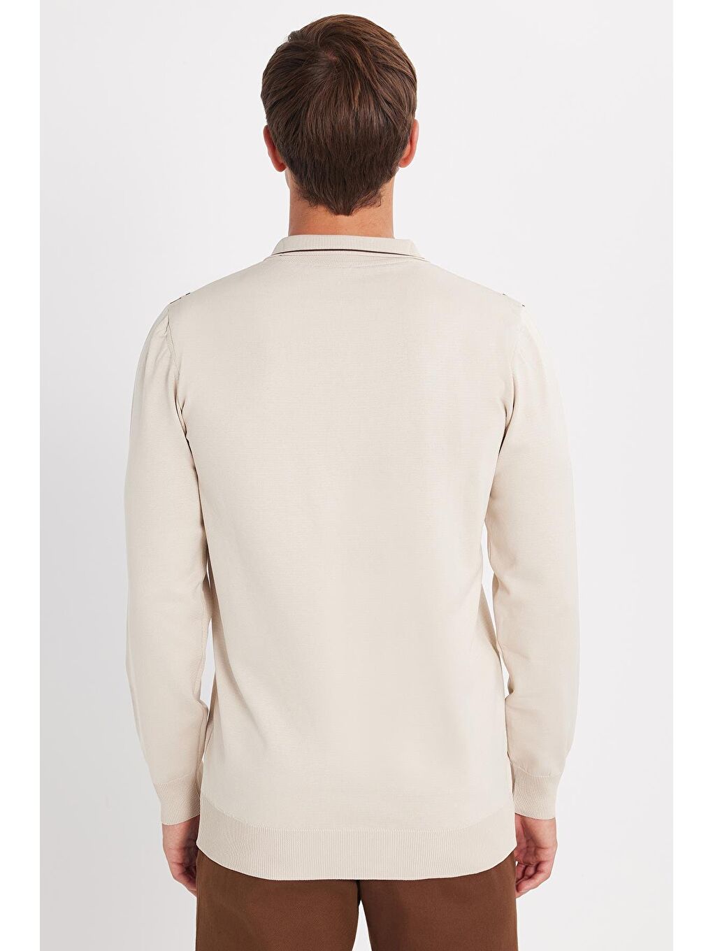 Bej Erkek Slim Fit Dar Kesim Uzun Kol Polo Yaka Çizgili Taş Kazak-4