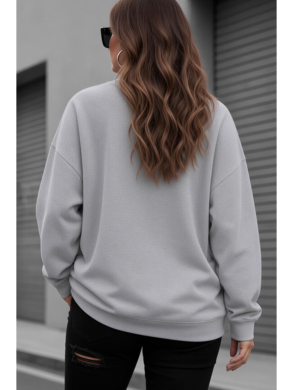 Gri Uly Kadın Büyük Beden Battal Basic Bisiklet Yaka İki İplik Pamuklu Sweatshirt Rahat Kesim Unisex Sev-1