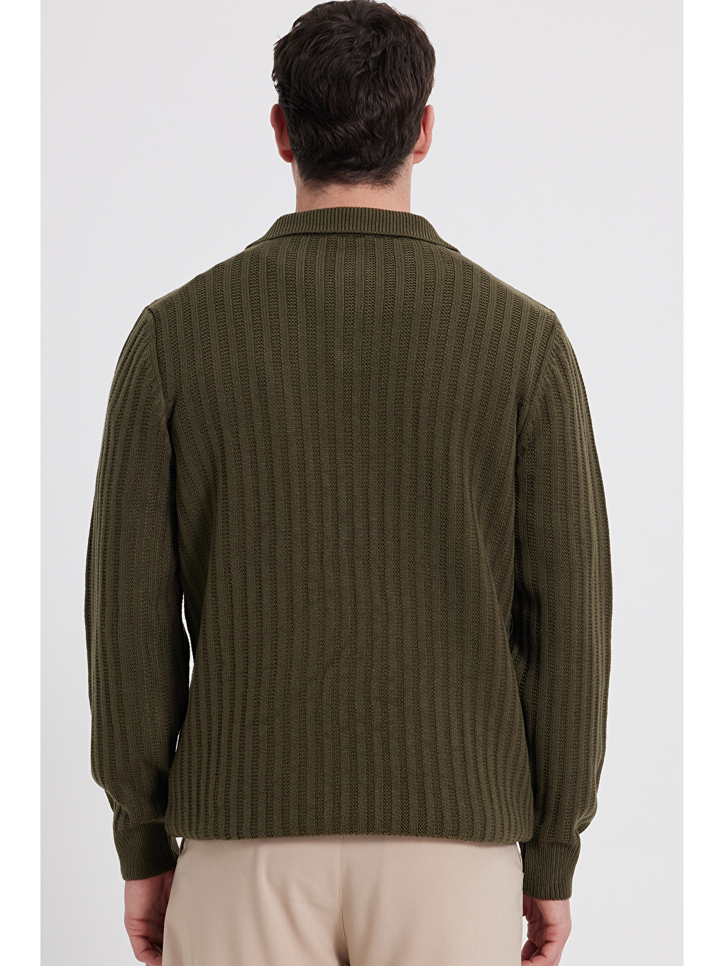 Erkek Standart Fit Normal Kesim Polo Yaka Haki Kazak-5