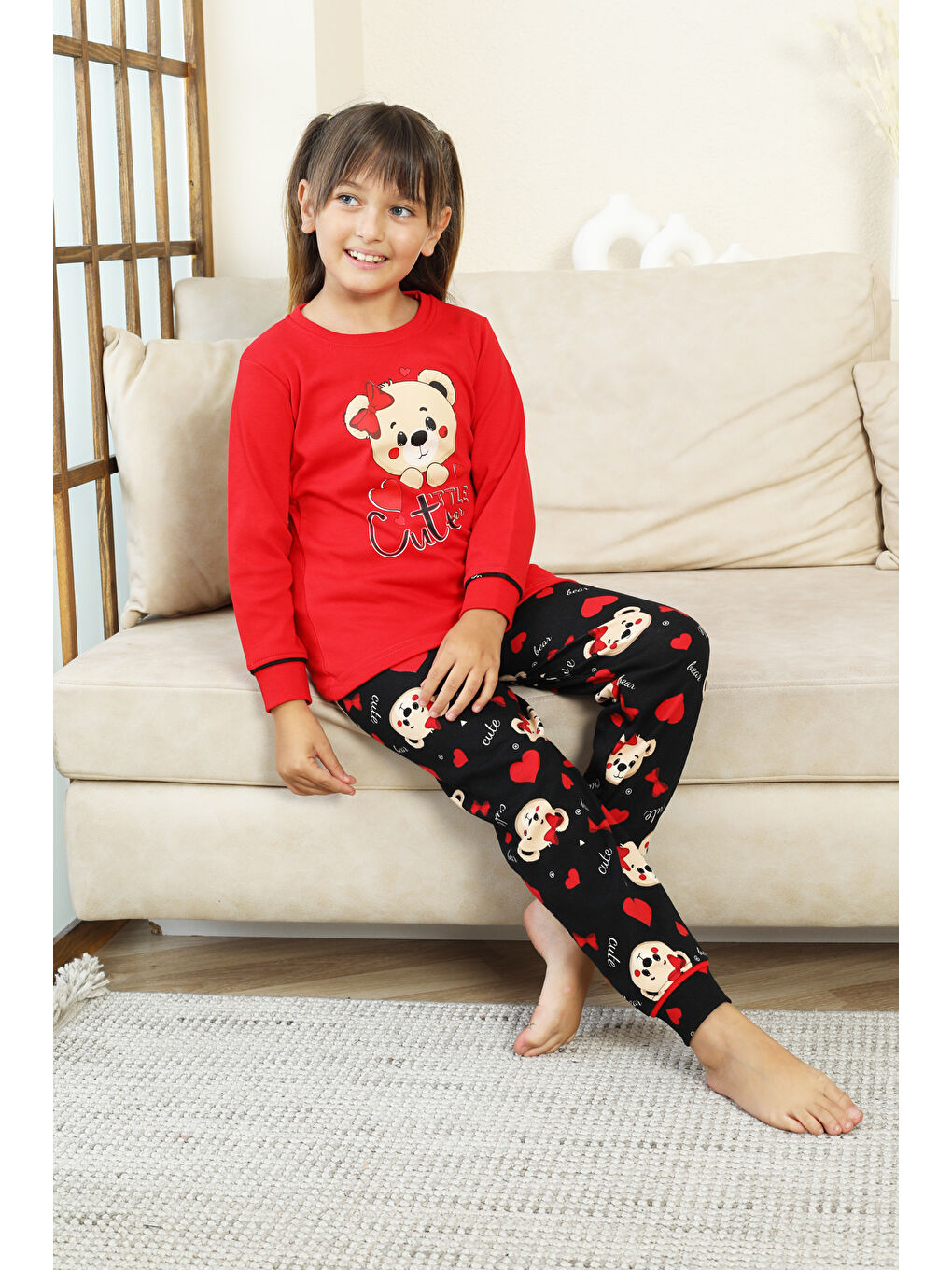 Kırmızı Kız Çocuk Ayıcık Baskılı %100 Pamuk İnterlok Kumaş Pijama Takımı 12347-2