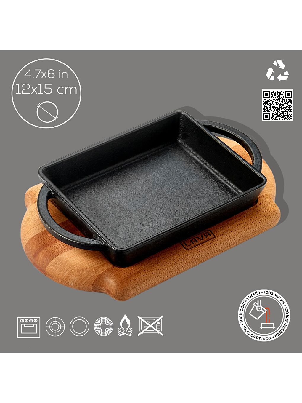 Siyah Dikdörtgen Sahan Döküm Demir Yekpare Çift Kulplu Kayın Servis Ahşabı Ölçü 12x15cm.-3