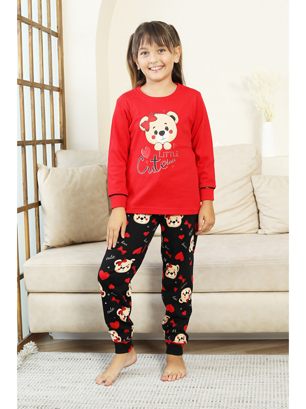 Kırmızı Kız Çocuk Ayıcık Baskılı %100 Pamuk İnterlok Kumaş Pijama Takımı 12347-3
