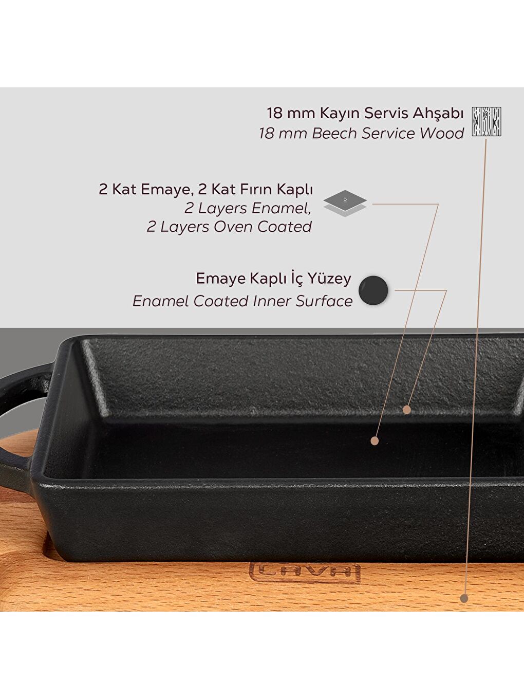 Siyah Dikdörtgen Sahan Döküm Demir Yekpare Çift Kulplu Kayın Servis Ahşabı Ölçü 12x15cm.-5