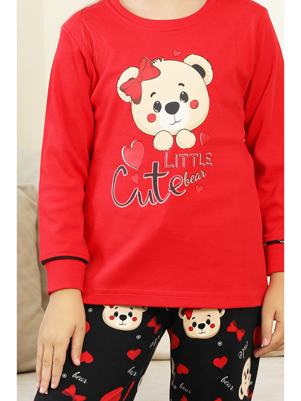 Kırmızı Kız Çocuk Ayıcık Baskılı %100 Pamuk İnterlok Kumaş Pijama Takımı 12347-4