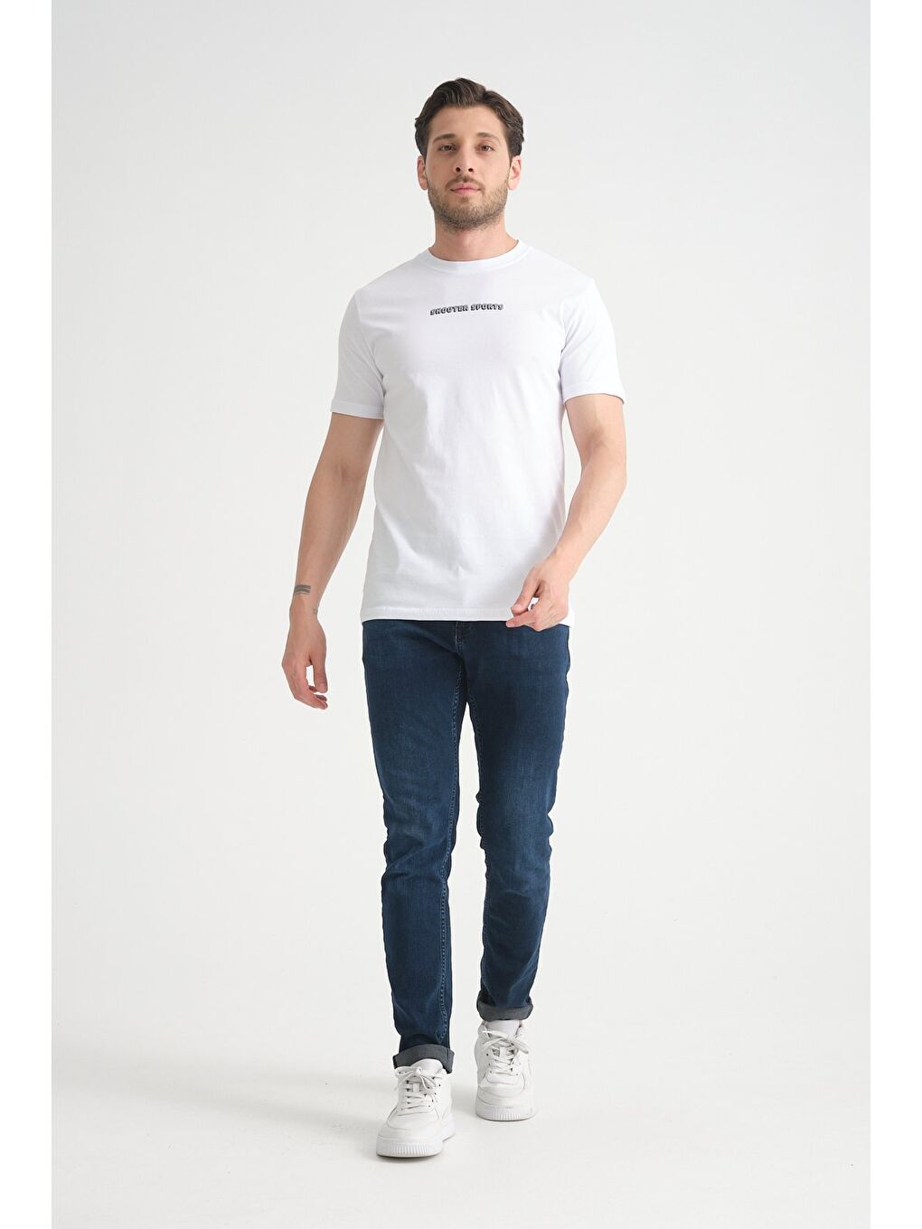 Beyaz Erkek Bisiklet Yaka Tişört Premium Pamuklu Yüksek Kalite Regular Fit-3