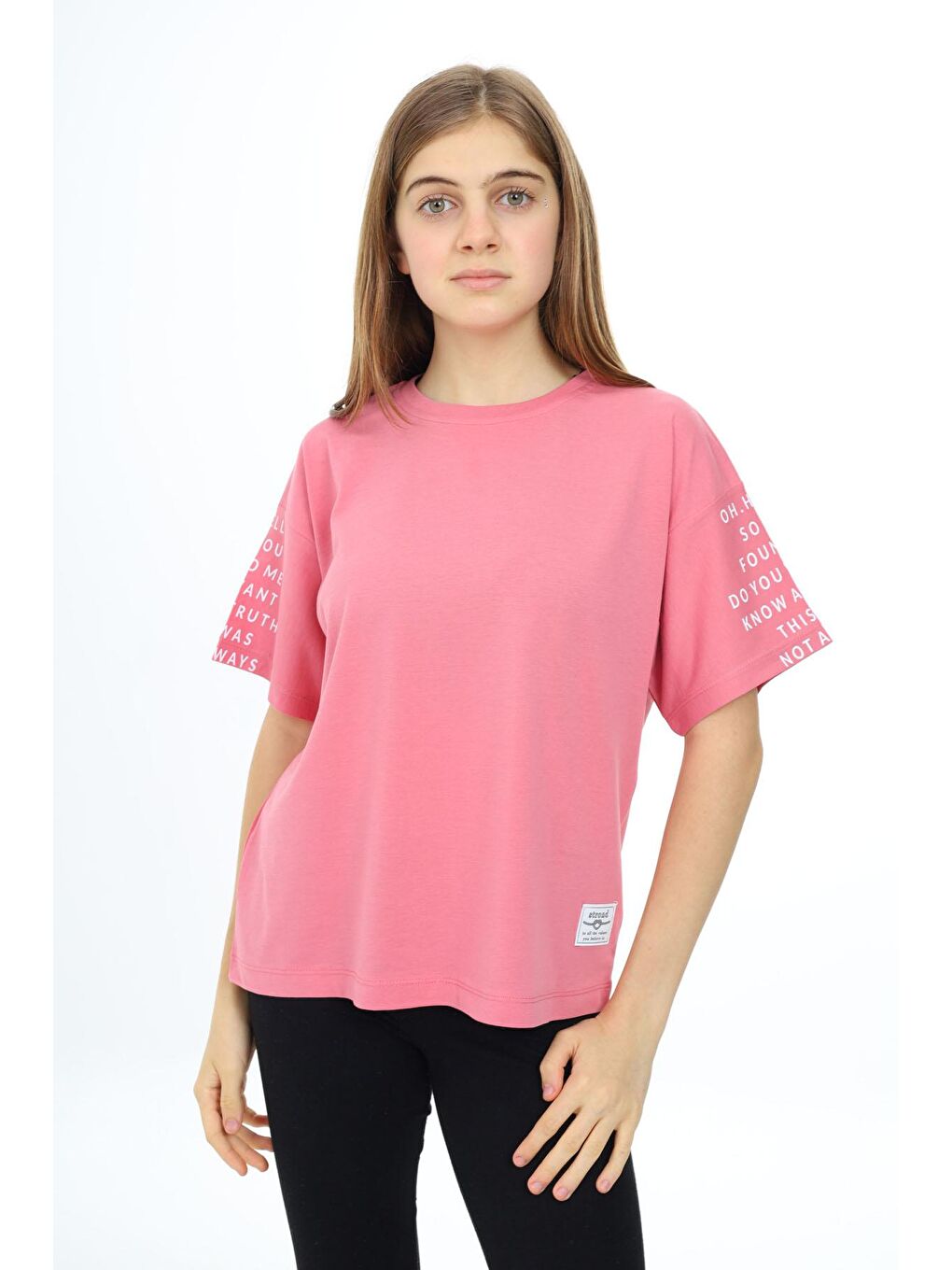 Pembe Gül Kurusu Kolları Yazı Baskılı Armalı Kız Çocuk Basic Tişört