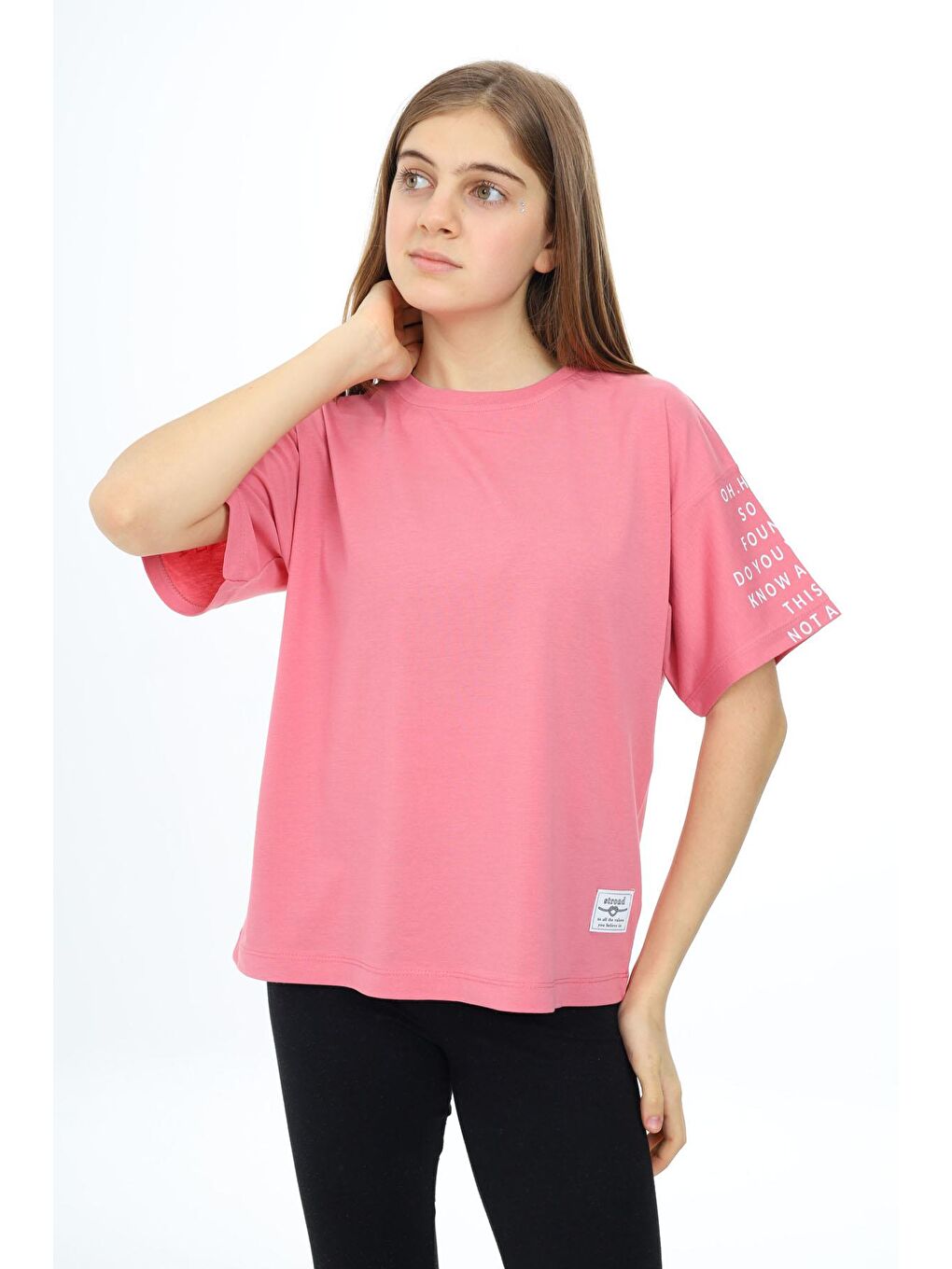 Pembe Gül Kurusu Kolları Yazı Baskılı Armalı Kız Çocuk Basic Tişört-1