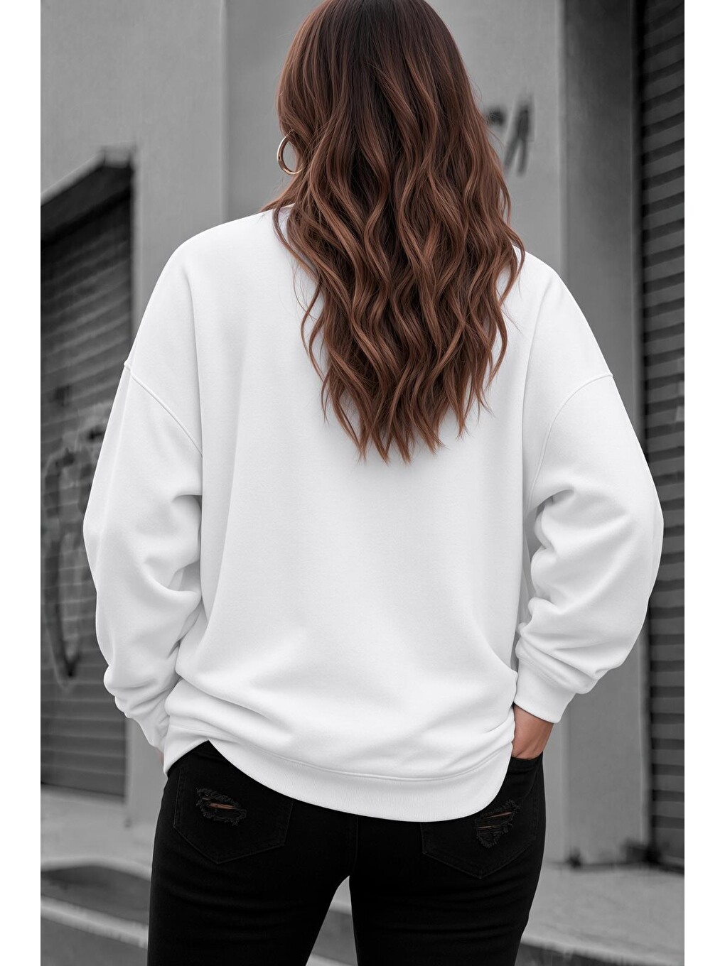 Beyaz Uly Kadın Büyük Beden Battal Basic Bisiklet Yaka İki İplik Pamuklu Sweatshirt Rahat Kesim Unisex Sev-1