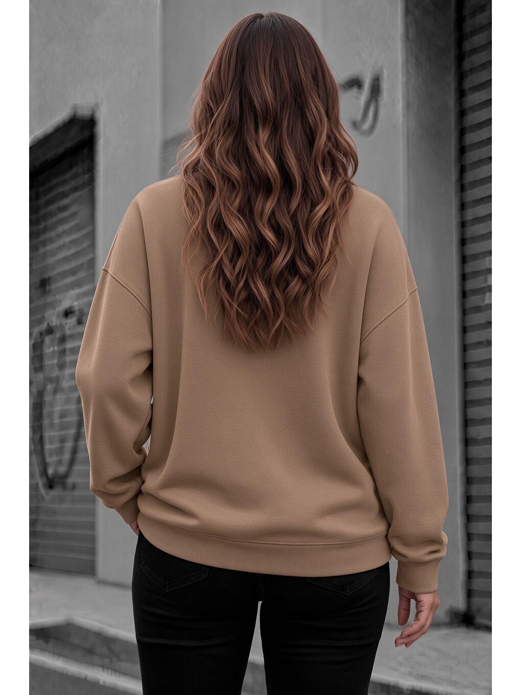 Bej Uly Kadın Büyük Beden Battal Basic Bisiklet Yaka İki İplik Pamuklu Sweatshirt Rahat Kesim Unisex Sev-1