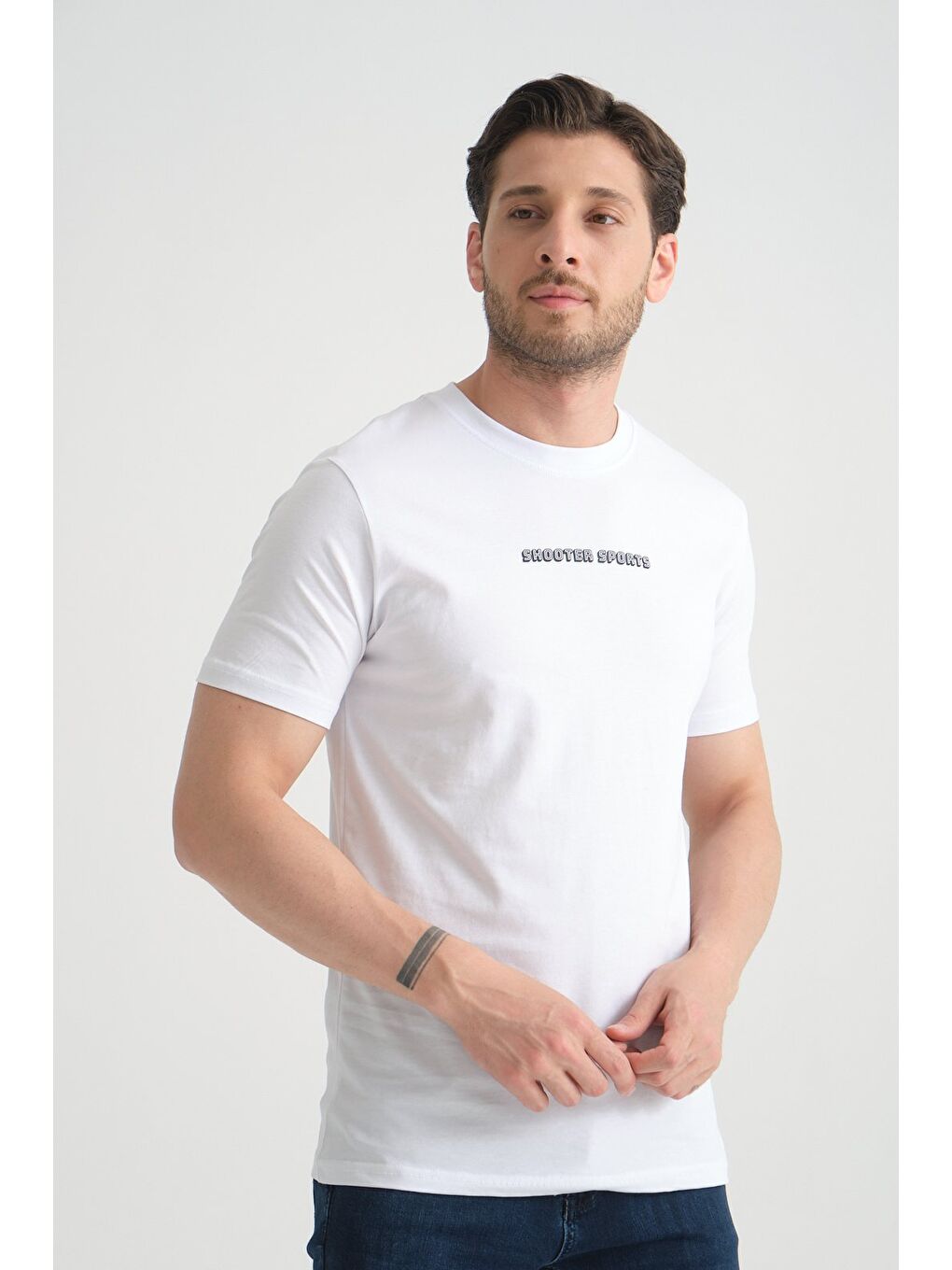 Beyaz Erkek Bisiklet Yaka Tişört Premium Pamuklu Yüksek Kalite Regular Fit-5