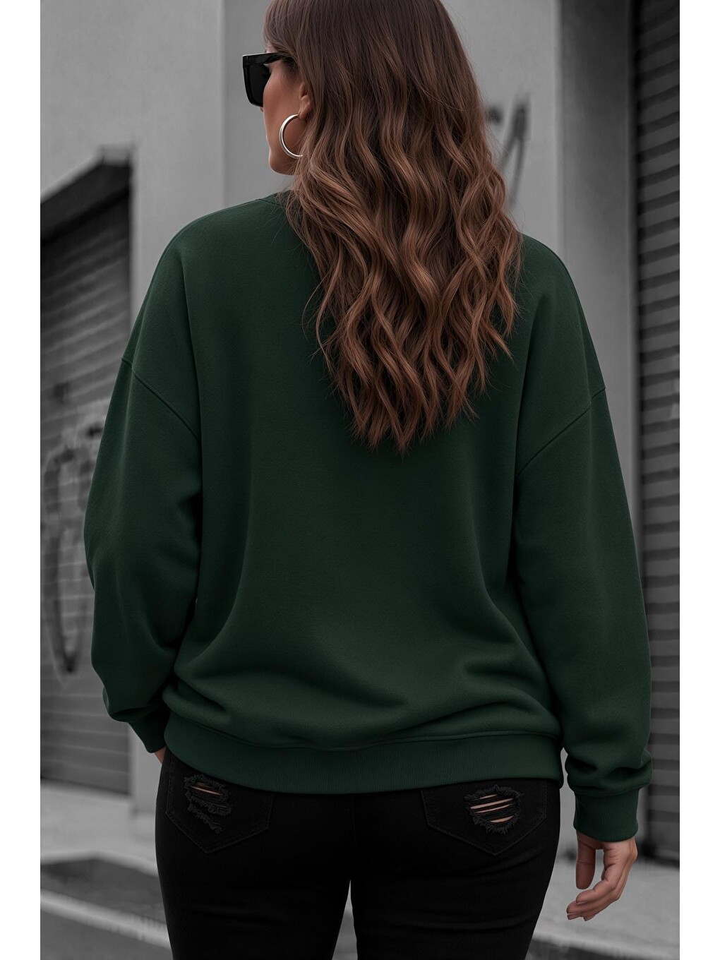 Yeşil Uly Kadın Büyük Beden Battal Basic Bisiklet Yaka İki İplik Pamuklu Sweatshirt Rahat Kesim Unisex Sev-1