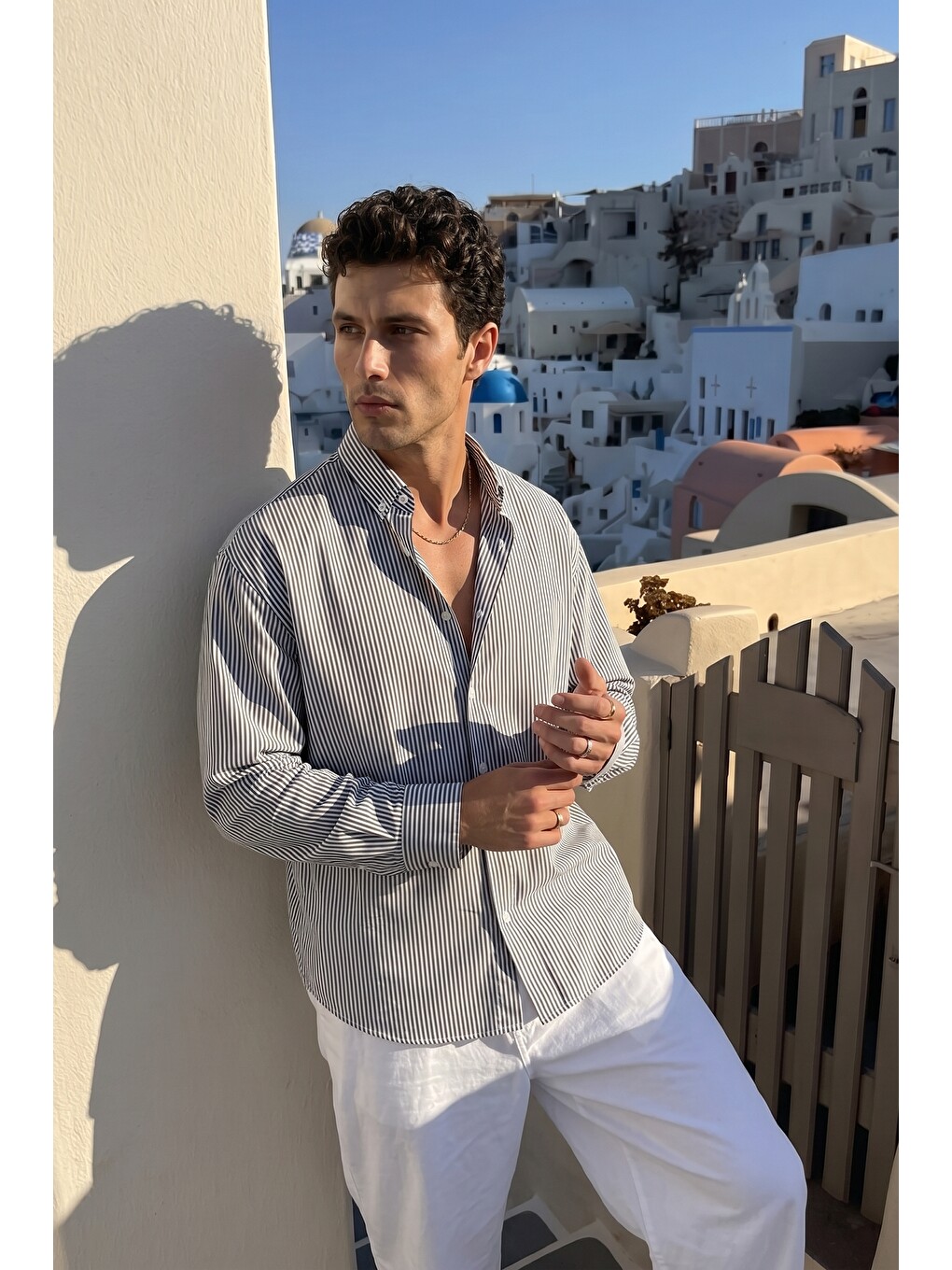 Beyaz Arin %100 Pamuk Keten Dokulu Çizgili Oversize Erkek Gömlek-2