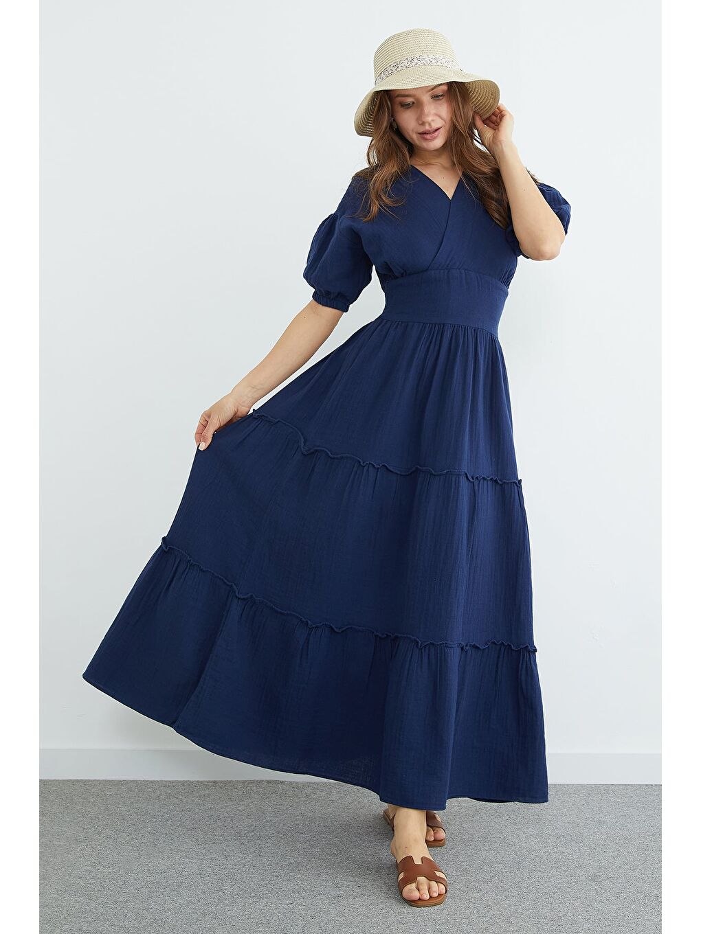 Lacivert Beli Gipeli Müslin Kumaş Maxi Boy Elbise-2