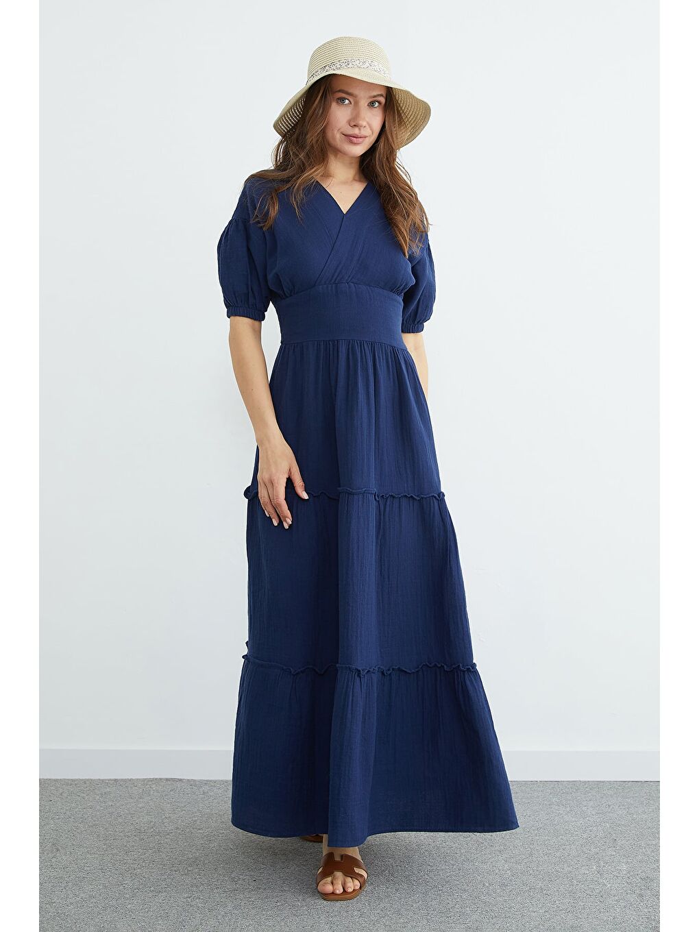 Lacivert Beli Gipeli Müslin Kumaş Maxi Boy Elbise-3