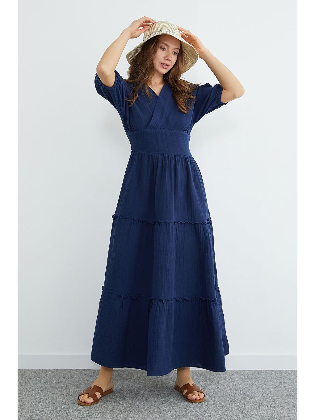 Lacivert Beli Gipeli Müslin Kumaş Maxi Boy Elbise-4