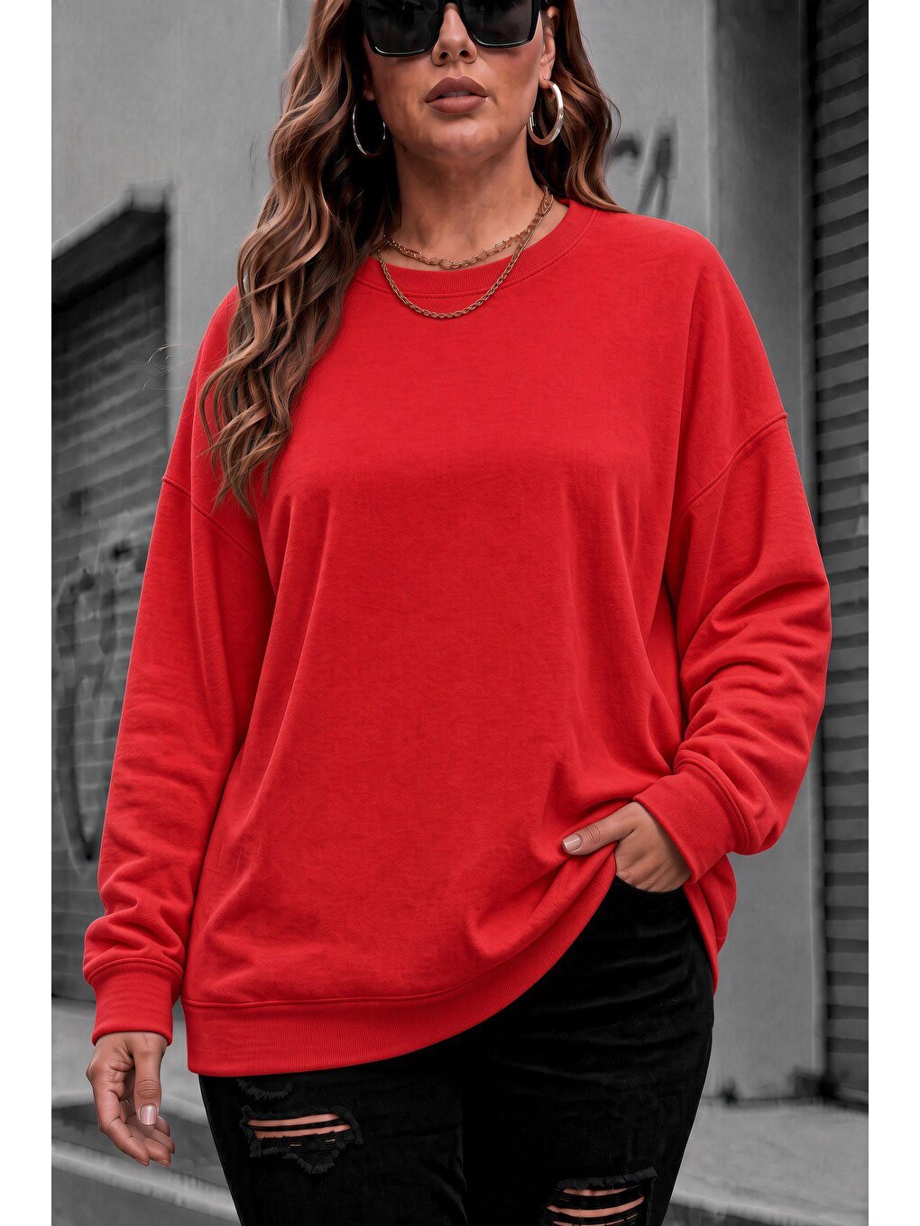 Kırmızı Uly Kadın Büyük Beden Battal Basic Bisiklet Yaka İki İplik Pamuklu Sweatshirt Rahat Kesim Unisex Sev