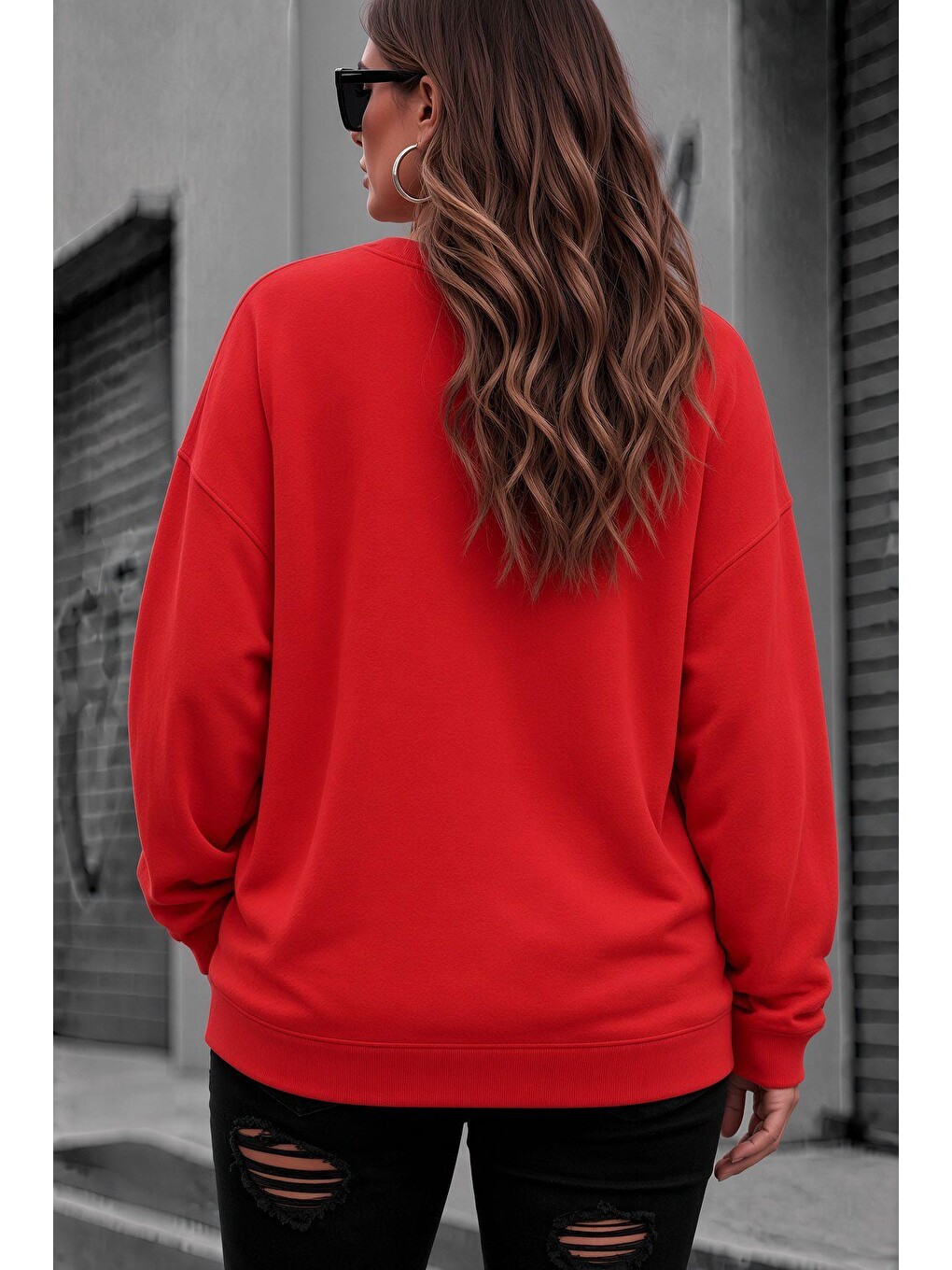 Kırmızı Uly Kadın Büyük Beden Battal Basic Bisiklet Yaka İki İplik Pamuklu Sweatshirt Rahat Kesim Unisex Sev-1