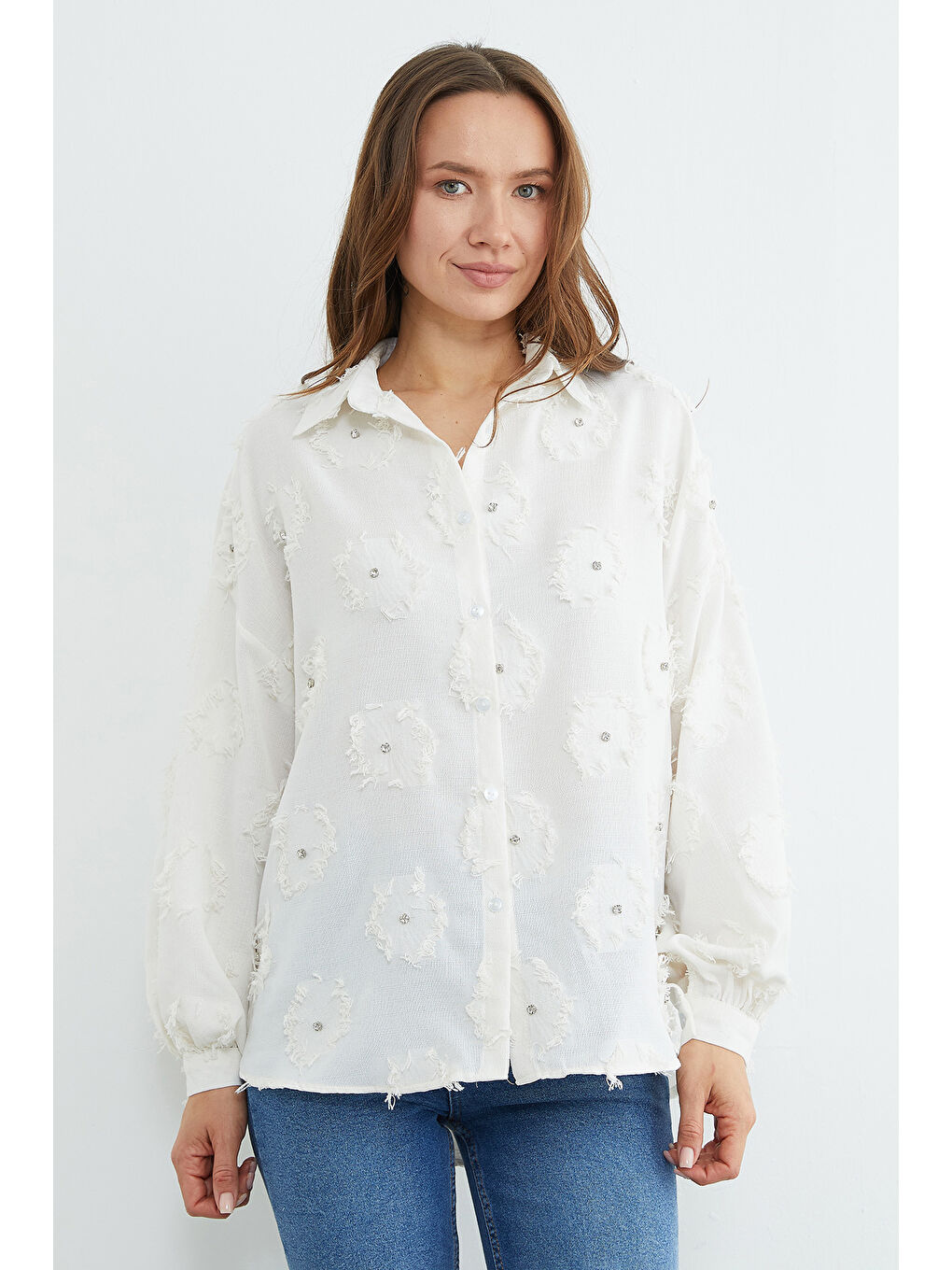 Ekru Püsküllü Taş işlemeli Salaş Gömlek-1