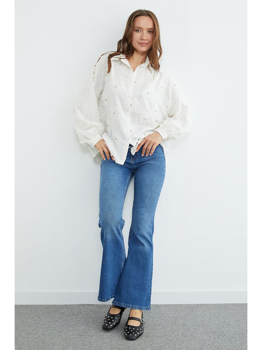 Ekru Püsküllü Taş işlemeli Salaş Gömlek-3