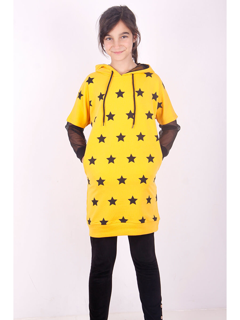 Sarı Kız Çocuk Yıldız Baskılı Kapüşonlu Elbise