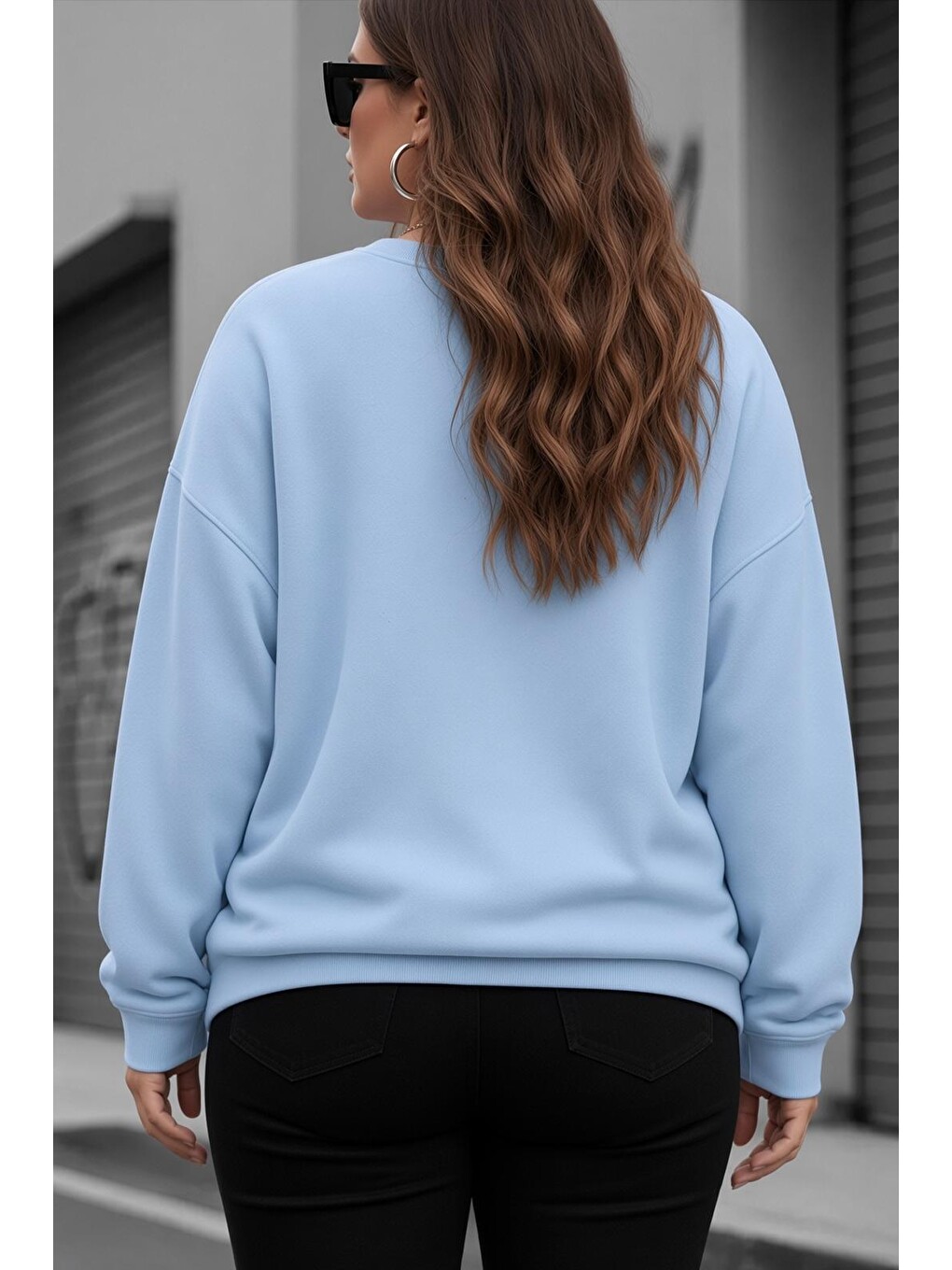 Turkuaz Uly Kadın Büyük Beden Battal Basic Bisiklet Yaka İki İplik Pamuklu Sweatshirt Rahat Kesim Unisex Sev-1