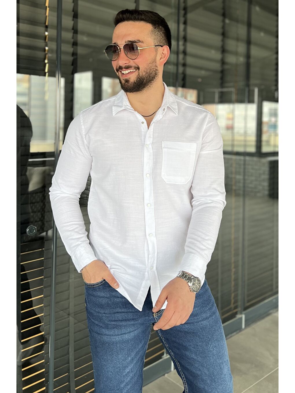 Ekru Tek Cepli Çıtçıtlı Erkek Uzun Kol Gömlek