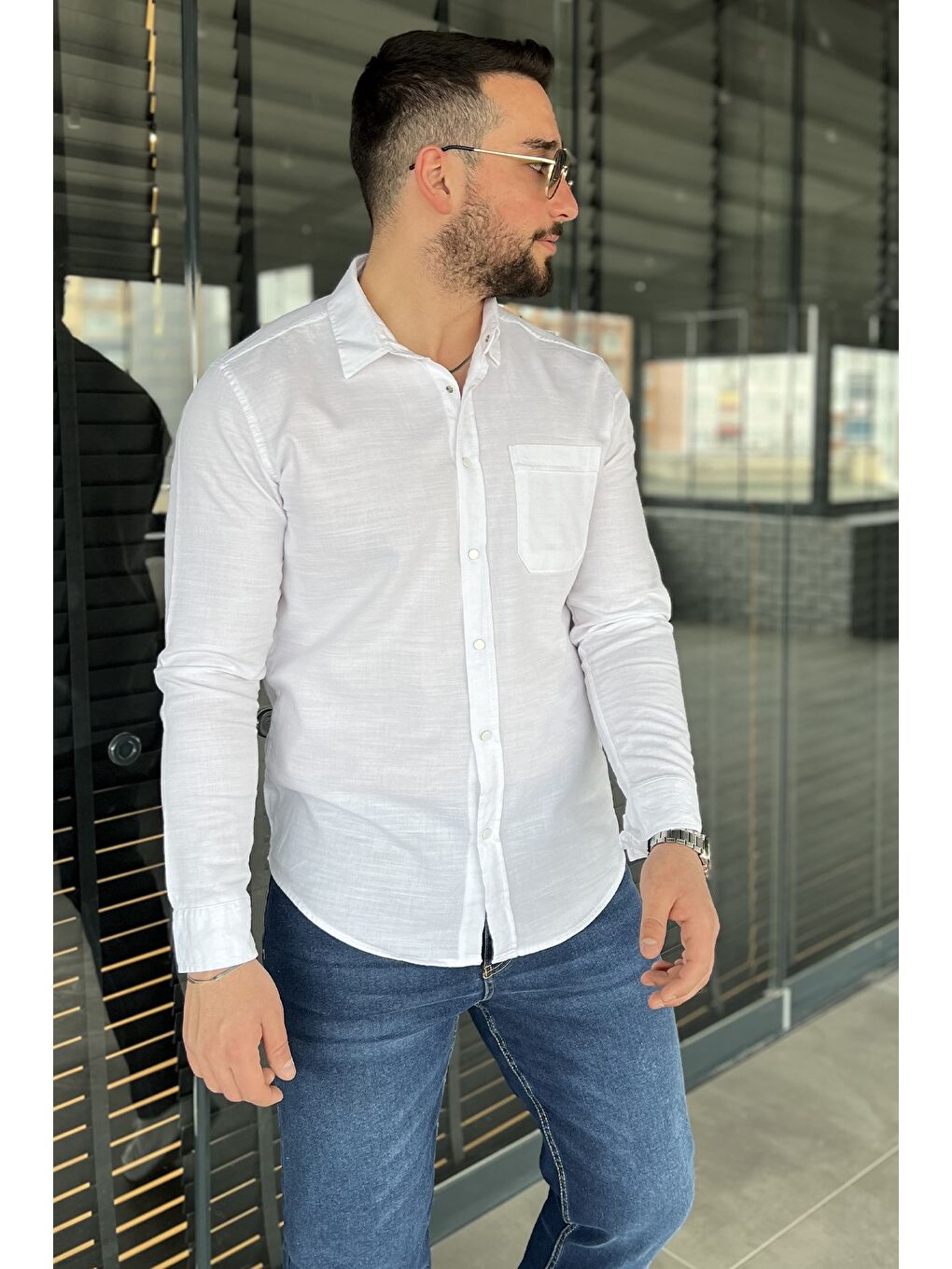 Ekru Tek Cepli Çıtçıtlı Erkek Uzun Kol Gömlek-1