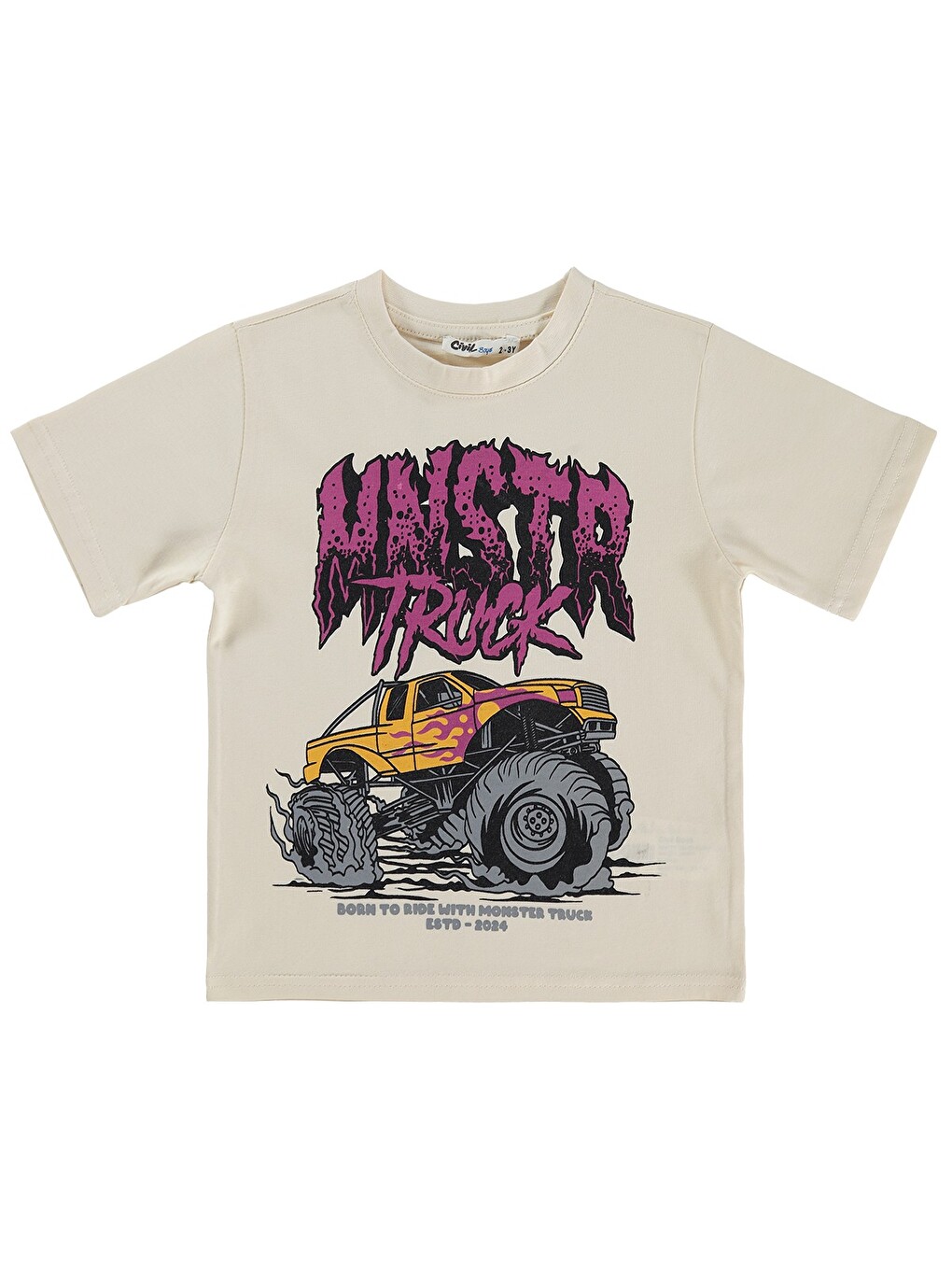 Boys Mnstr Truck Baskılı 2-5 Yaş Tişört - Ekru