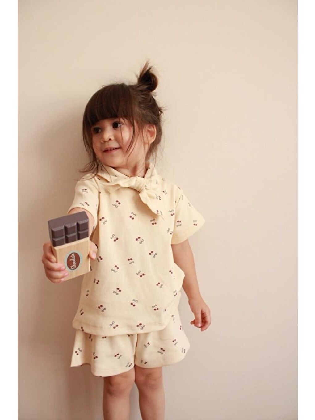 Ekru Cherry Baskı Kaşkorse Yaka Bağlamalı Takım-3