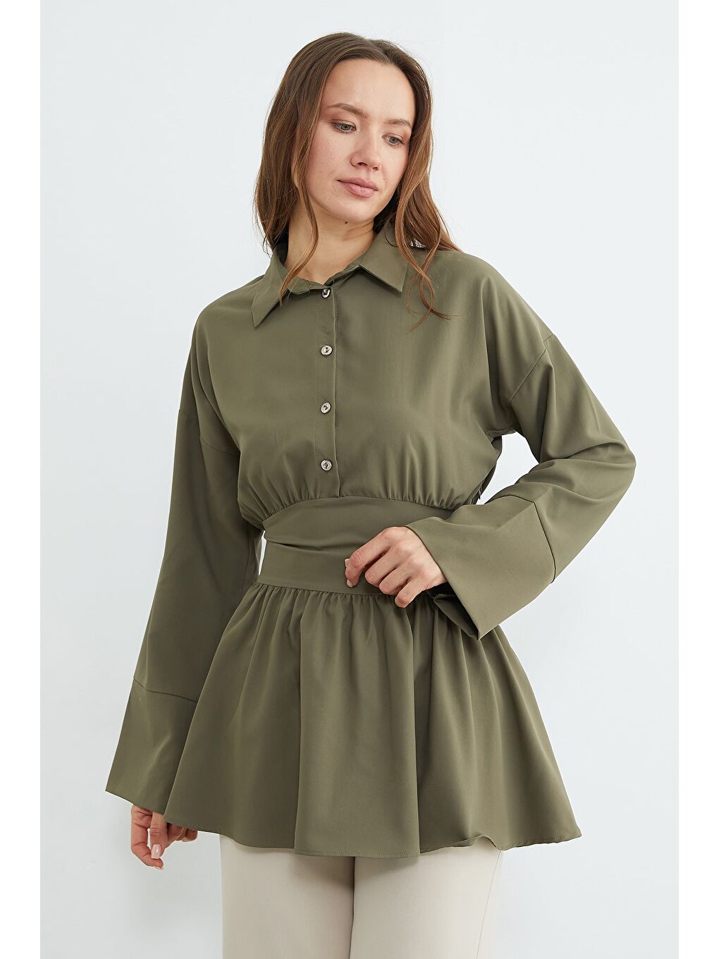 Haki Fullamodest Kuşaklı Yarım Düğmeli Gömlek-2