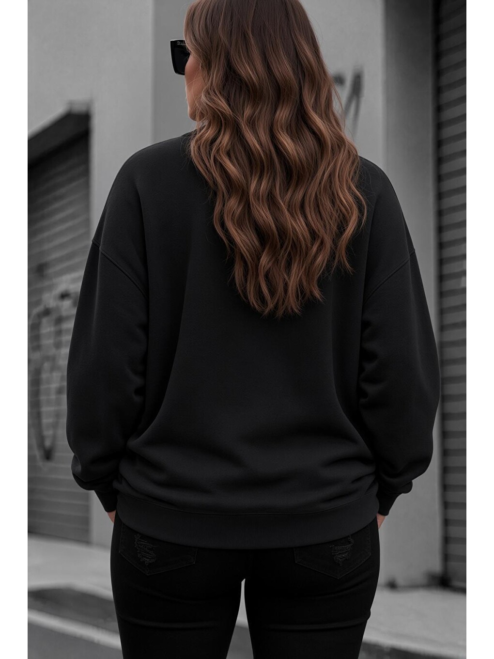 Siyah Uly Kadın Büyük Beden Battal Basic Bisiklet Yaka İki İplik Pamuklu Sweatshirt Rahat Kesim Unisex Sev-1