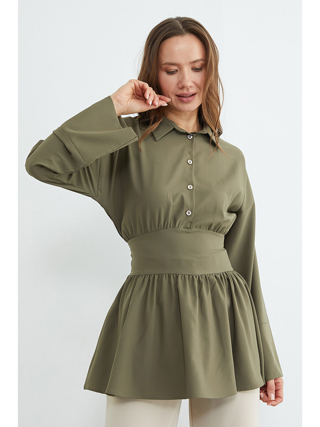 Haki Fullamodest Kuşaklı Yarım Düğmeli Gömlek-3