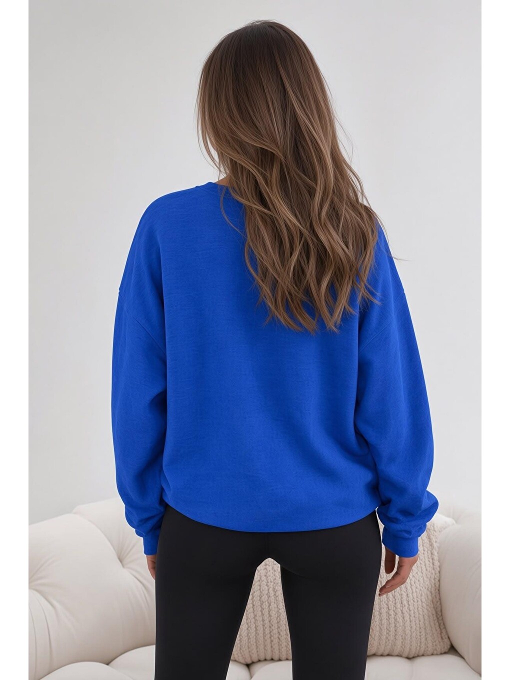 Mavi Bs Salem Massachusetts Ön Baskılı Kadın Oversize Bisiklet Yaka Sweatshirt-1