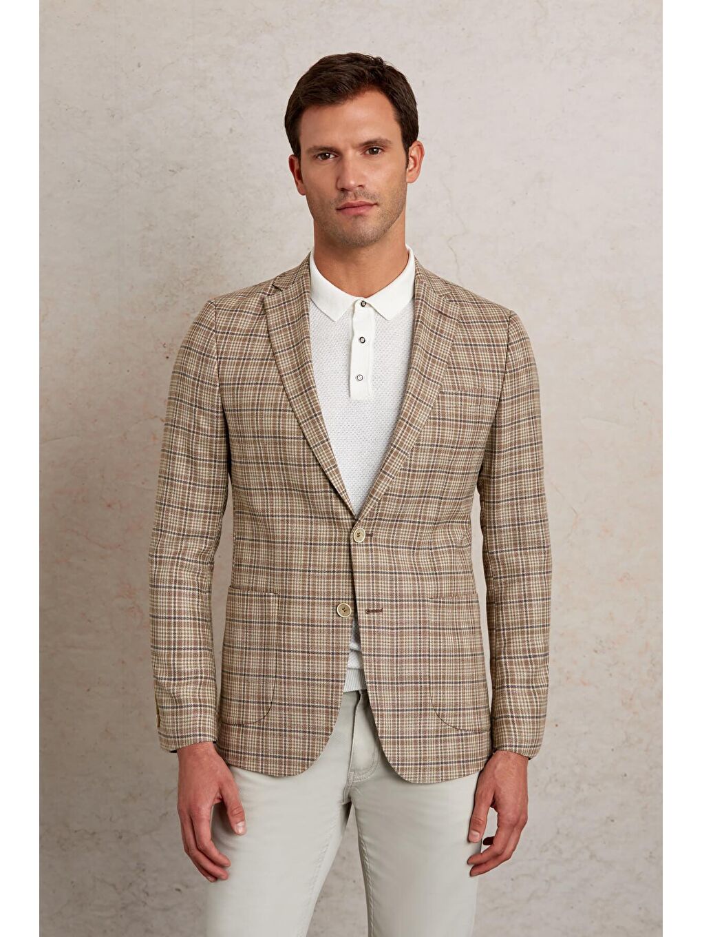 Kahverengi Slim Fit Kareli Mono Yaka Casual Ceket