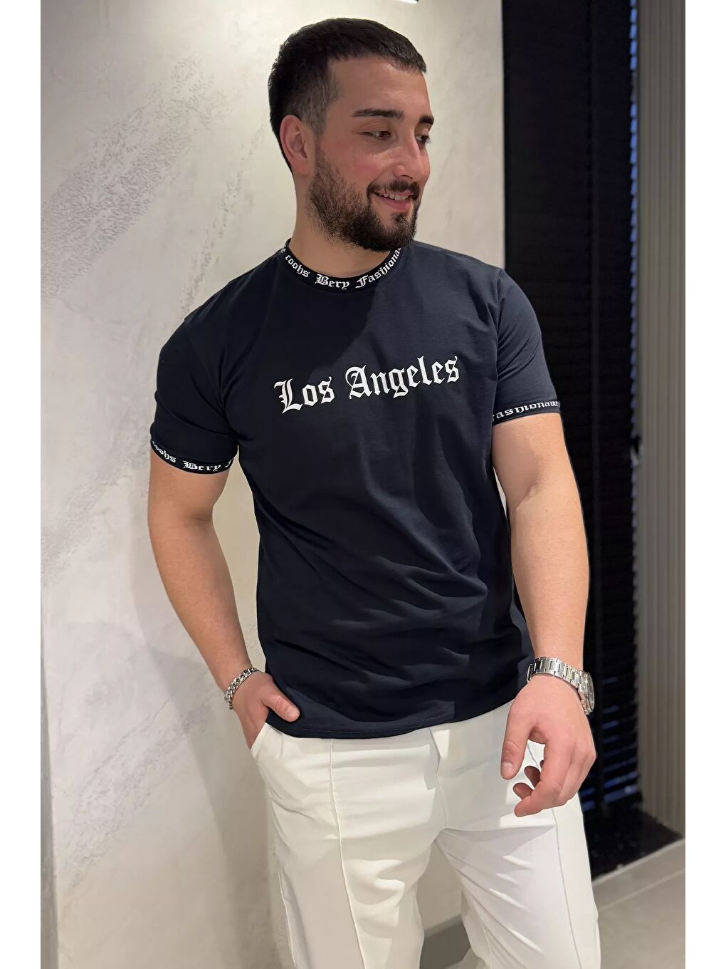 Lacivert Erkek Bisiklet Yaka Yazı Baskılı Tişört